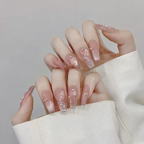 Uñas Postizas Rosa Brillante Estilo Ojo De Gato