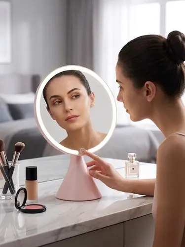 Espejo De Maquillaje Con Luz 3 Tonos Giratorio P/ Escritorio