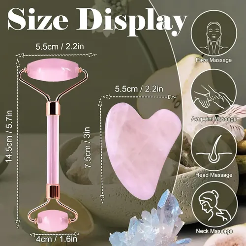 Rodillo Facial Jade Y Gua Sha Cuarzo Rosa Masajeador