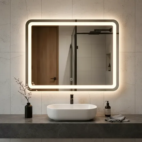 Espejo Led 60x80cm Botón Frontal Luz Calida Rectangular Baño