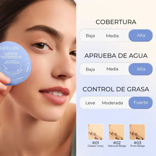 Sace Lady Base De Maquillaje Polvo Compacto Fijador Matte Tono 01 Marfil Clásico -10g Resistente Al Agua Larga Duración ControlDe La Grasa Y Acabado Mate lmpecable