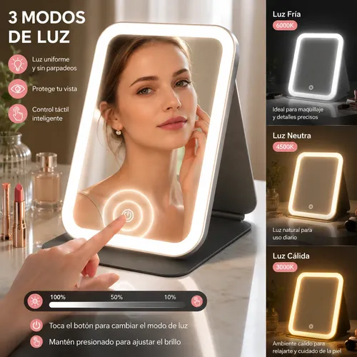 Espejo Con Luz Led Maquillaje Táctil Recargable Usb Premium