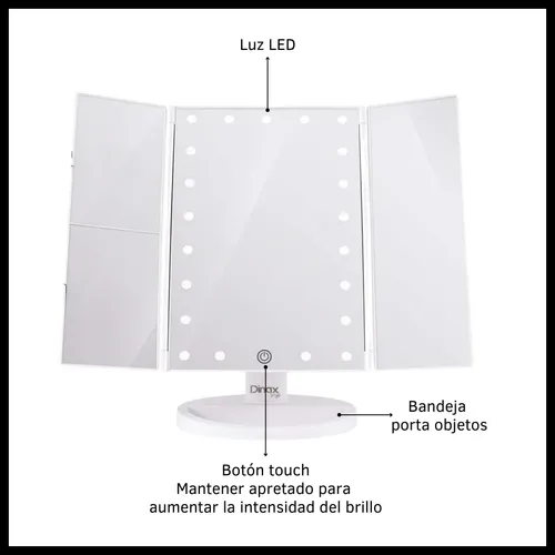 Espejo Triple Maquillaje Tocador Luz Led 3 Tonos C/ Aumento