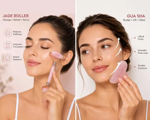 Set Rodillo Facial Y Gua Sha Cuarzo Rosa Masajeador