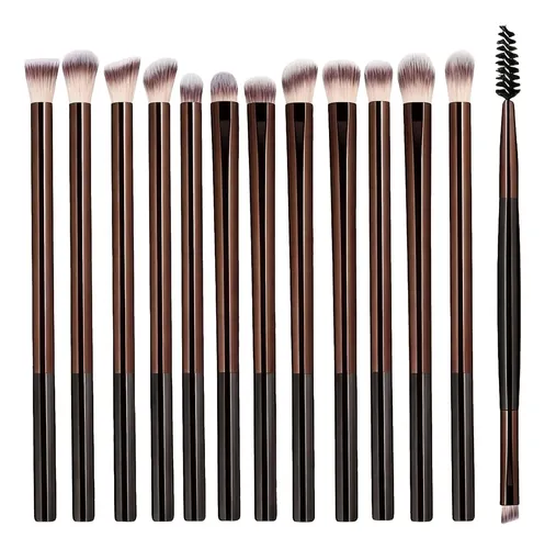 Set De 13 Pinceles De Maquillaje Para Ojos, Doble Punta 13-piece Long-handled Eye Brush In Coffee Color