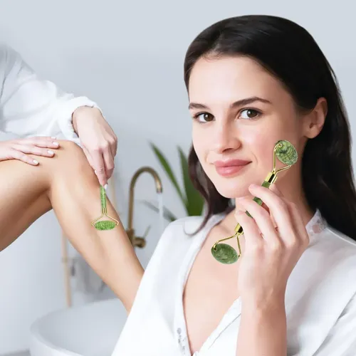 Kit Masajeador Facial Jade Roller Y Gua Sha 5 Unidades Verde