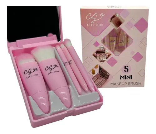 Set 5 Mini Brochas Maquillaje Con Estuche Y Espejo Portatil