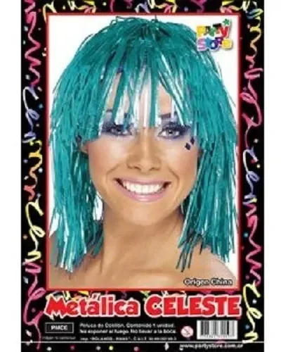 Peluca Metalizada Celeste Rockstar Manzana Cotillon Fiestas Carnaval