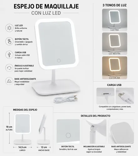 Espejo Maquillaje Led Luz Usb 360° Botón Táctil Ajustable