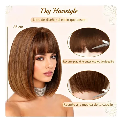 Pelucas Para Mujer Peluca Corta De Bob Con 35cm Castaño Claro S