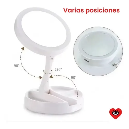 Espejo Plegable x2 Maquillaje Zoom Usb Luz Led Doble Aumento Marco Blanco Veoquiero
