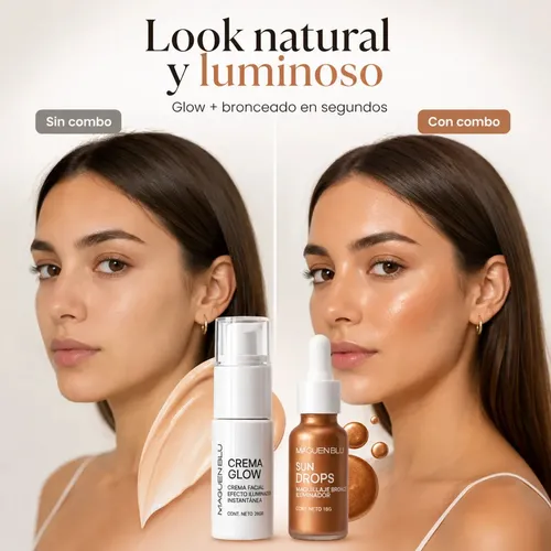 Combo Maquillaje Crema Glow Iluminadora + Bronceador Sun Drops Bronzer | Todo Tipo De Piel | Kit Día/noche