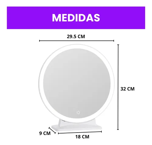 Espejo Maquillaje 30 Cm Táctil Luz Led 3 Colores Bateria Usb