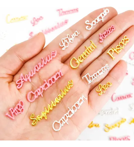 36pcs Letras Uñas Arte Zodiacal Aries Piscis Oro Plata Rosa