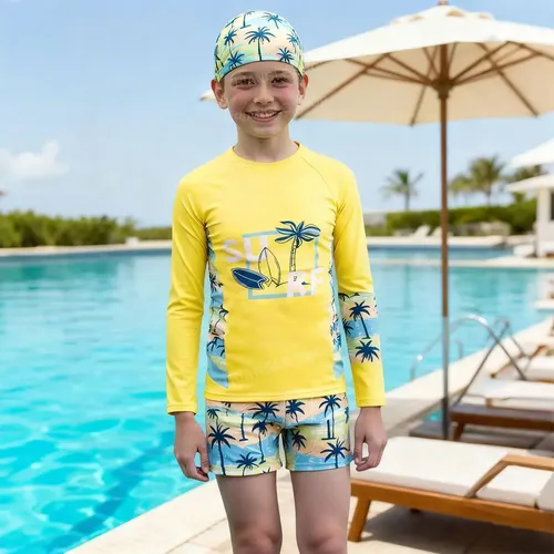 Traje De Baño Niño 2 Piezas Manga Larga Con Gorra Upf50+