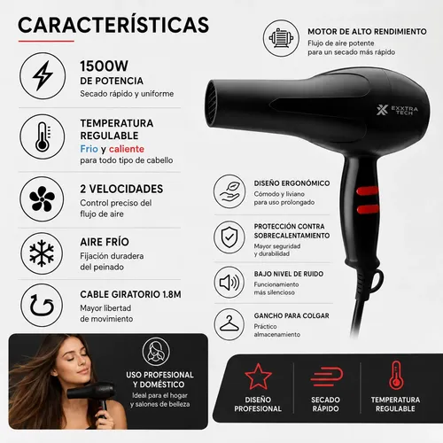 Secador De Pelo 1500w 2 Velocidades Frio Calor Premium