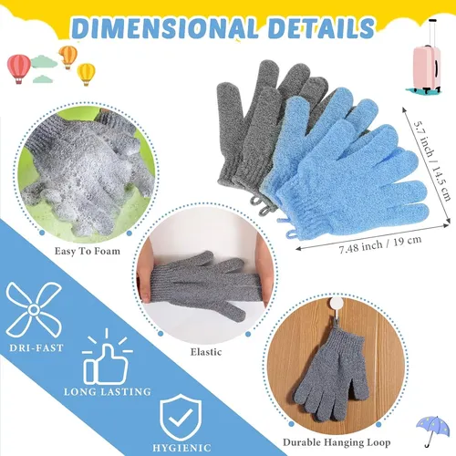 Set 4 Exfoliantes Ducha Guantes Toallón Gris Y Azul
