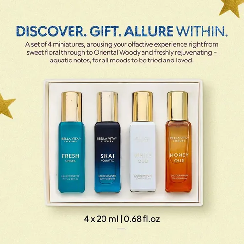 Set de Perfumes Bellavita Luxury para Hombre y Mujer – Cuatro Fragancias Exquisitas de 20 mL