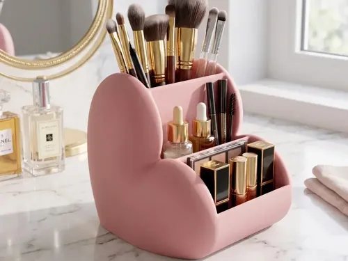 Organizador De Maquillaje Escritorio Forma Corazón Rosa