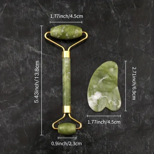Set De Rodillo De Jade Y Piedra Gua Sha Para Rostro, Ojos, C