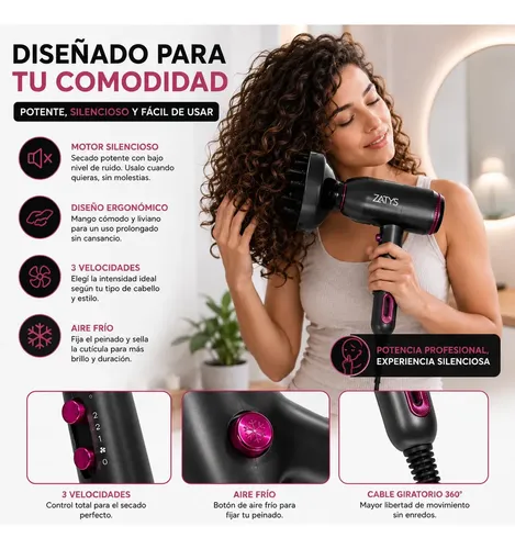 Secador De Pelo Profesional Difusor Silencioso 1500w Zatys Negro