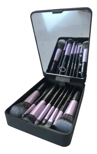 Set 14 Brochas Maquillaje C/estuche Espejo Led Profesional Color Negro
