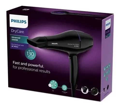 Secador De Pelo Philips Bhd274/00 2200w Drycare Motor CA, Iónico, Aire Frio, Difusor Color Negro Negro/violeta