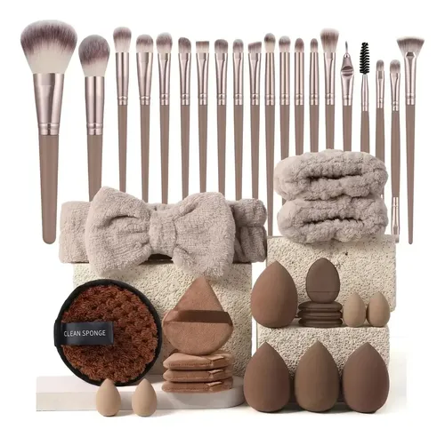 Set Brochas Y Esponjas Maquillaje Profesional 40p Marrón