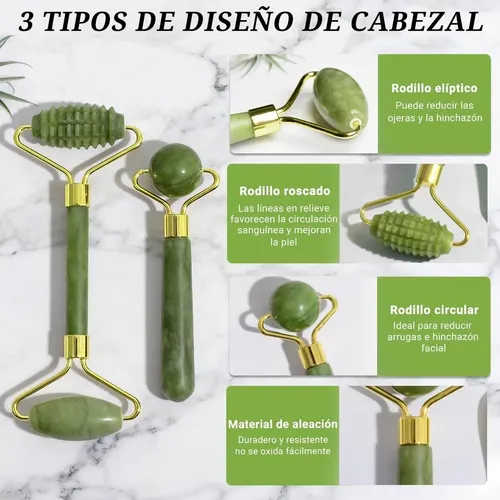 Set De 3 Masajeadores De Jade, Rodillo Facial Y Cuarzo