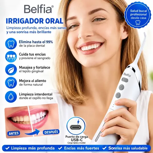 Irrigador Bucal Ducha Dental Belfia HF1 Water Flosser Hilo Dental Portátil Para Brackets Ortodoncia Implantes Gingivitis Sarro Encías Limpieza Oral Profunda