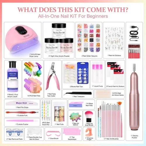 Kit Uñas Acrílicas Profesional Con Luz Uv Blanco Nude