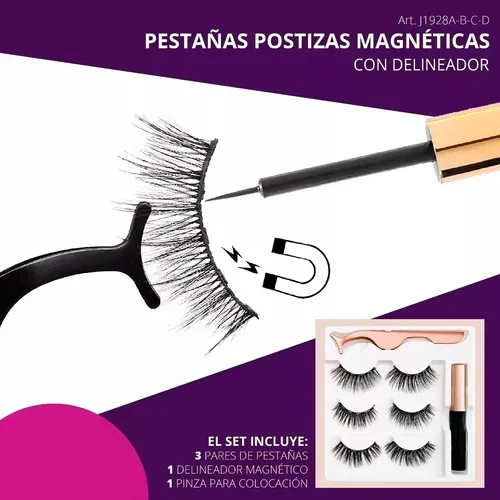 Pestañas Postizas Magnéticas X 3 Pares Y Delineador Premium
