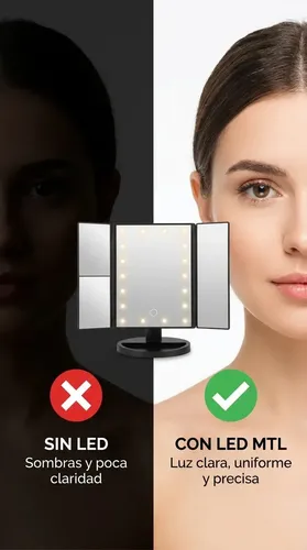 Espejo Mtl Tríptico Con Luz Led Iluminación Portátil Base Reforzada Ideal Maquillaje Profesional Rutinas Belleza Cuidado Facial Tocador Dormitorio Baño Negro Diseño Moderno Elegante Compacto Práctico