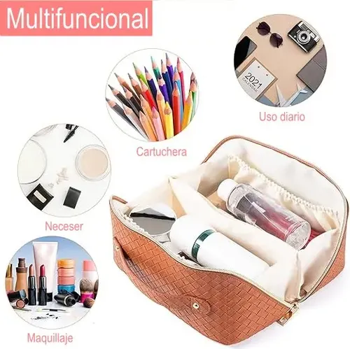 Neceser Makeup Maquillaje Xl Viral Eco Cuero Tramado Color Marrón Diseño de la tela cesta