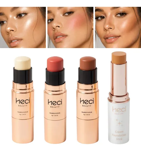 Set 4 Barras Maquillaje Heci Rubor Contorno Iluminador Base