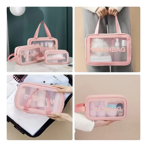 Neceser de 3 Carmela Transparente Rosa para Maquillaje y Artículos de Aseo