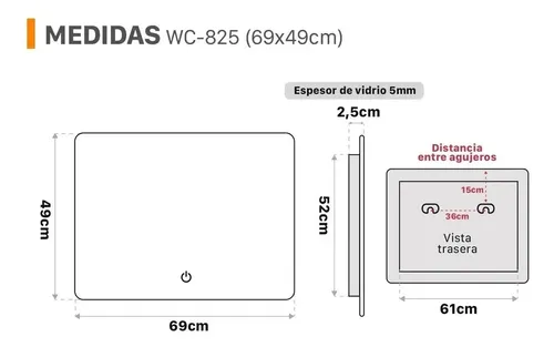 Espejo Horizontal Borde Curvo Luz Led Trasera 70×50