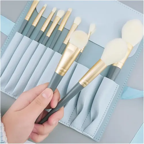 Set 10 Pinceles De Maquillaje Con Estuche Portátil Azul