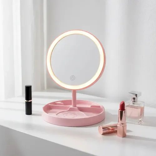 Espejo Pie Maquillaje Portatil Tactil Led Usb 90° Veoquiero Huella Rosa