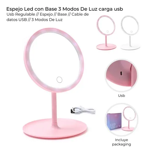 Espejo De Maquillaje 3 Modos Luces Led  Con Base Usb Skora