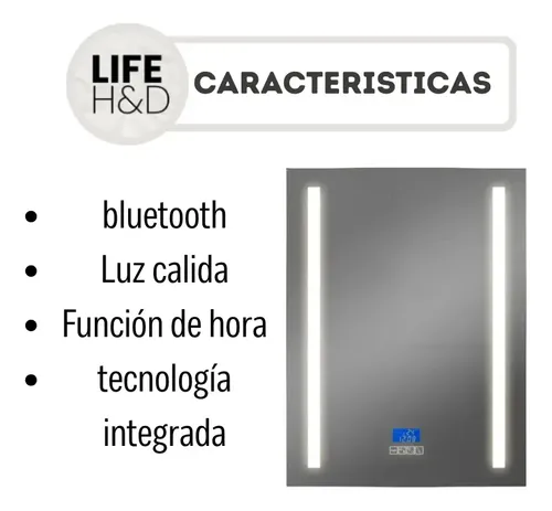 Espejo Rectangular Luz Led Desempañador Baño 80×60 Bluetooth