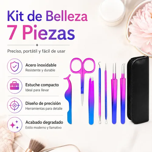 Kit 7 Herramientas Para Cejas Pestañas Pinzas Tijeras