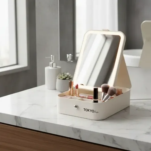 Espejo Led Porta Cosmeticos Usb Funda Simil Cuero