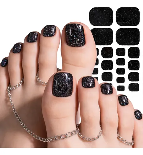 Tiras De Uñas Gel Para Pies Autoadhesivas 22u – No Necesita Lampara UV – Negro Glitter
