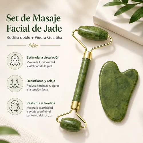 Rodillo Facial Jade Y Piedra Gua Sha Masajeador Set Roller