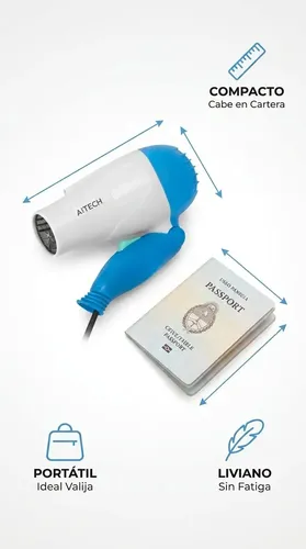 Secador De Cabello Plegable Azul Aitech Portatil Aire Frio Caliente Cuidado Personal Viaje Hogar Belleza Peluqueria Profesional Universal Liviano Practico Mango Plegable