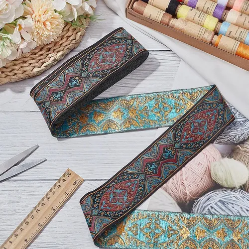 1 Roll De Cinta De Poliéster Con Diseño Floral Estilo Nacion Black With Red And Turquoise Accents Floral / Jacquard Medallion