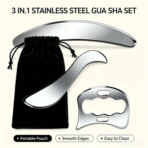 Set Gua Sha 3 En 1 Acero Inoxidable Masajeador Plateado