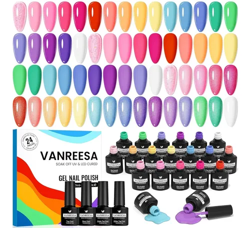 Set 24 Esmaltes Gel Colores Verano Con Base Y Top Coat