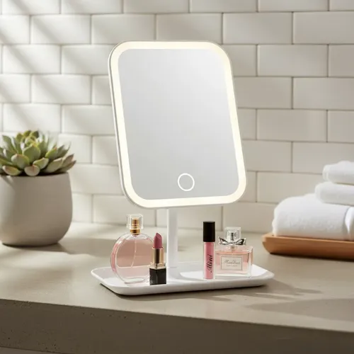Espejo De Maquillaje Led Táctil Con Base Organizadora Blanco